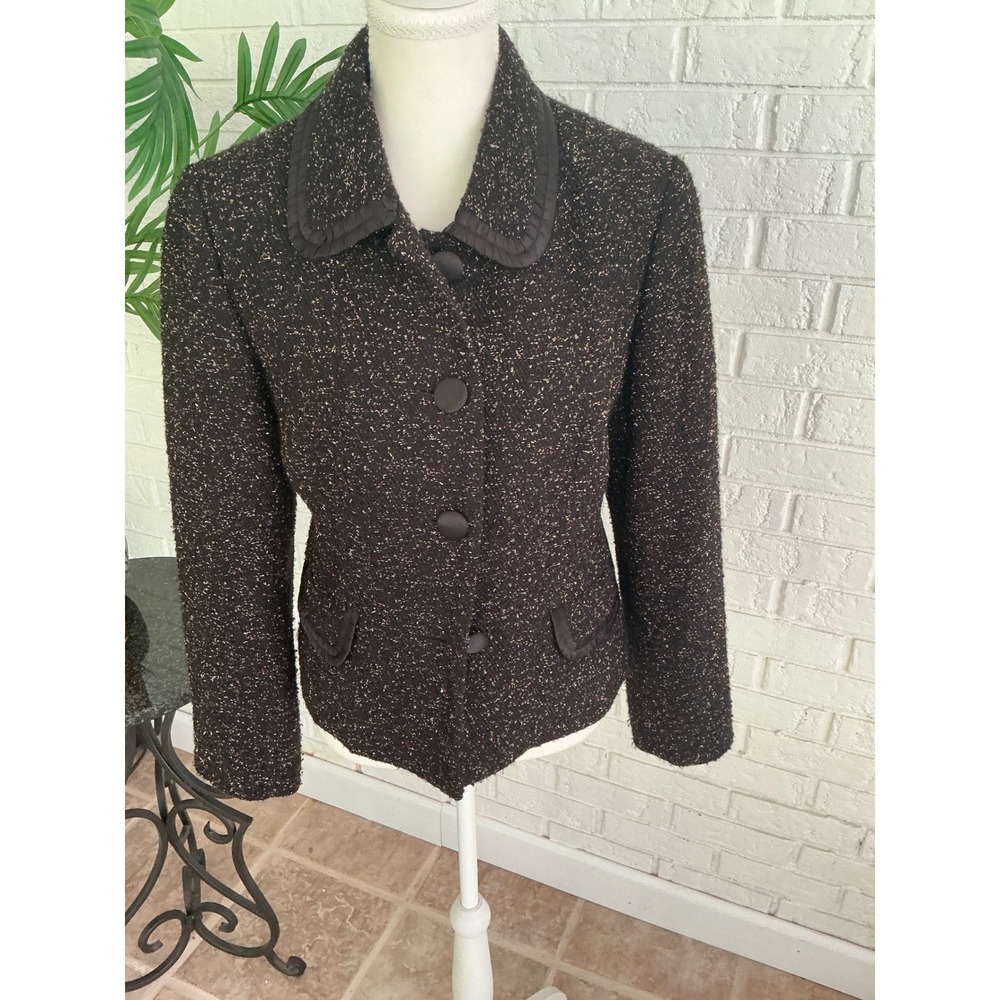 Kasper Blazer Women 14P Black Gold Excellent Tweed Ruffle Collar Jacket